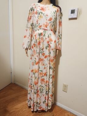 Champagne And Strawberry Floral Long Sleeve Maxi Dress - White with Coral Floral